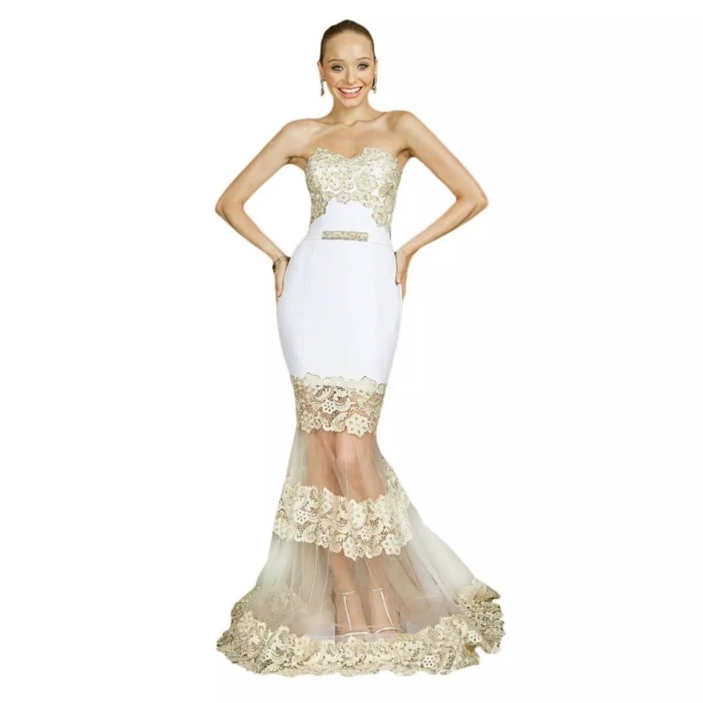 🔥Terani Ivory & Gold Lace Mermaid Gown! NEW!!! - Picture 7 of 8